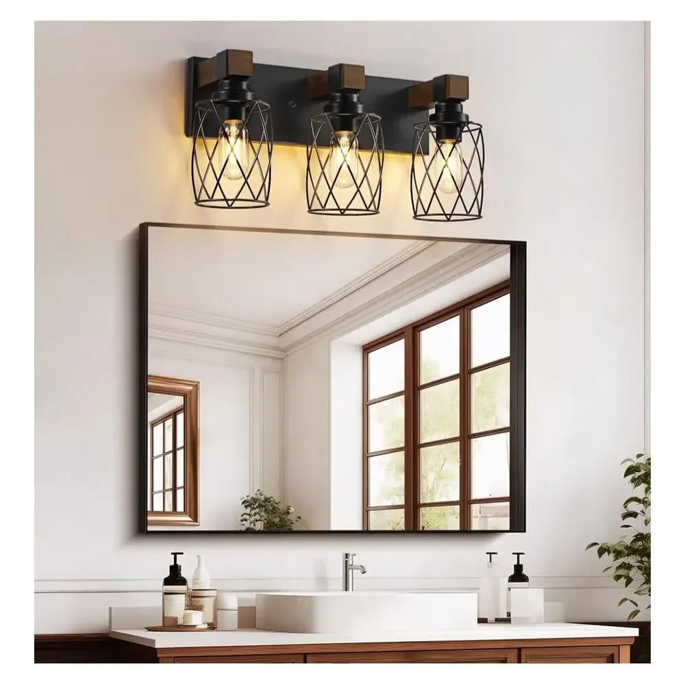 XvmBvm 3 Light Farmhouse Vanity Light Rustic Wood Black Metal E26